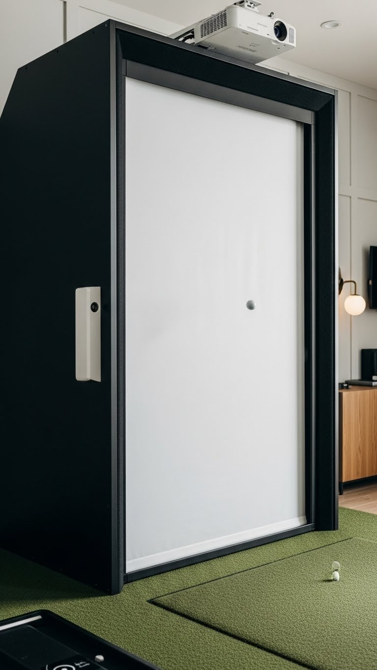 Golf Ball Mid-Flight About To Impact Crisp White Simulator Screen In Modern Home Golf Room With Dark Enclosure System