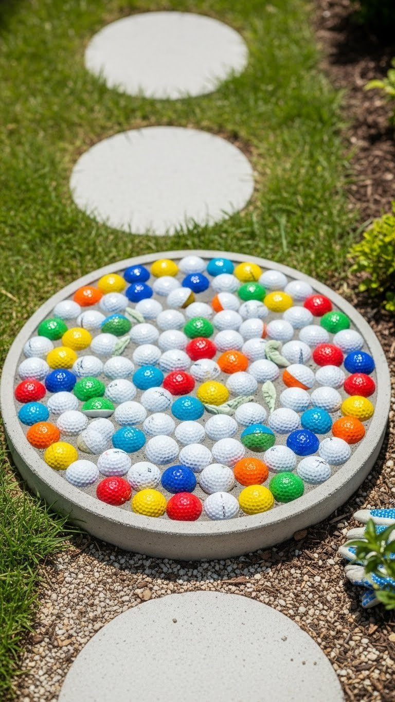 Golf Ball Mosaic Stepping Stone With Intricate Pattern Embedded In Concrete Paver Set Along Garden Path.