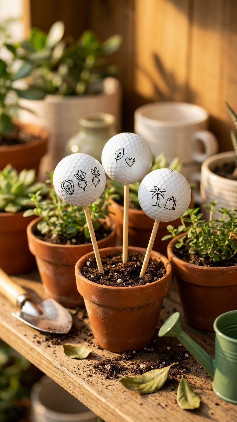7 Easy Funny Golf Ball Crafts: Quirky Diy Projects Golf Ball Plant Markers On Stakes Among Terracotta Potted Plants With Gardening Tools Like Trowels And Watering Cans In Soft Focus