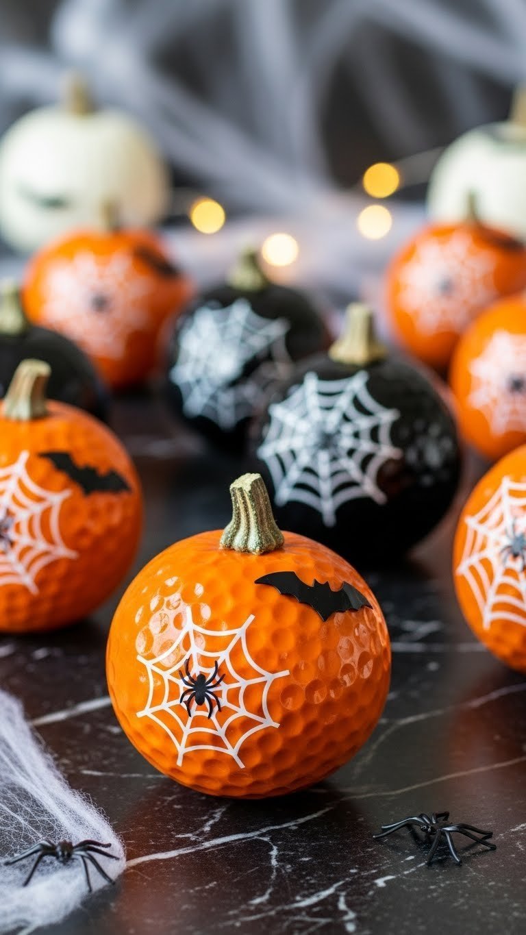 Golf Ball Pumpkins Decorated With Spiderweb And Bat Decals On Dark Marble Surface With Halloween Accents