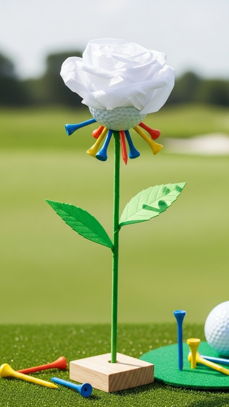 Golf Ball Rose Accented With Colorful Golf Tees Arranged On Artificial Turf With Soft Bokeh Background.