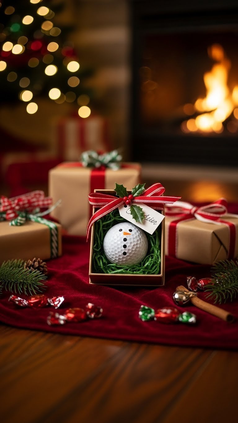 Golf Ball Snowman Gift Box Wrapped With Festive Ribbon On Velvet Blanket Among Christmas Presents