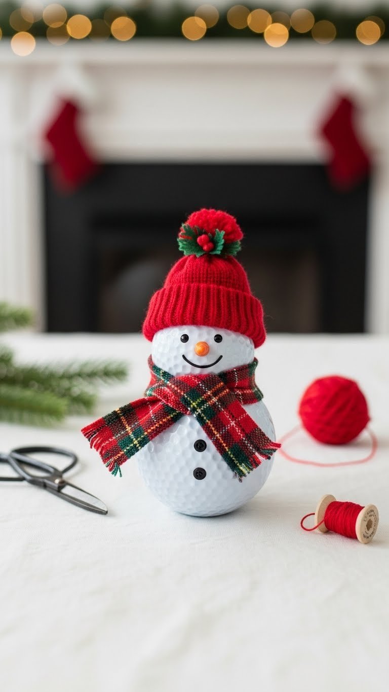 Golf Ball Snowman With Plaid Scarf And Knit Beanie Accessories On White Linen Tablecloth With Crafting Tools