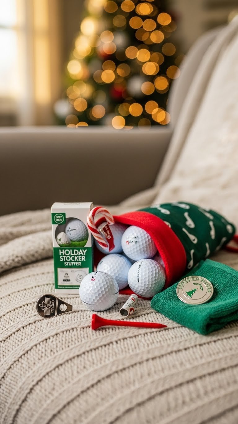 Golf Ball Stocking Stuffer Kit With Holiday Balls And Accessories Spilling From Christmas Stocking