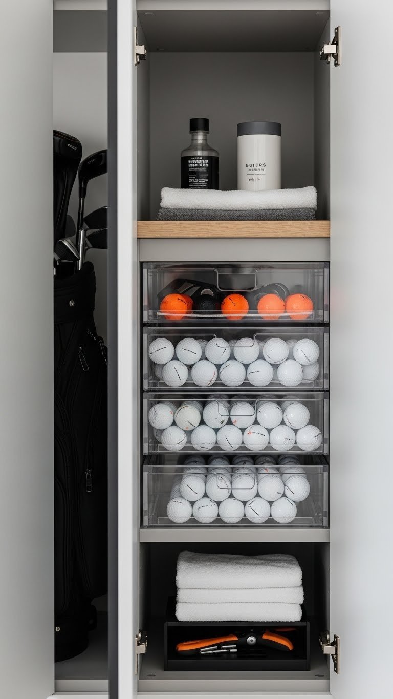 Golf Ball Storage Ideas: Top 9 Ways To Organize &Amp; Protect Golf Ball Storage Integrated Within Modern Garage Cabinet System With Custom-Fitted Shelves