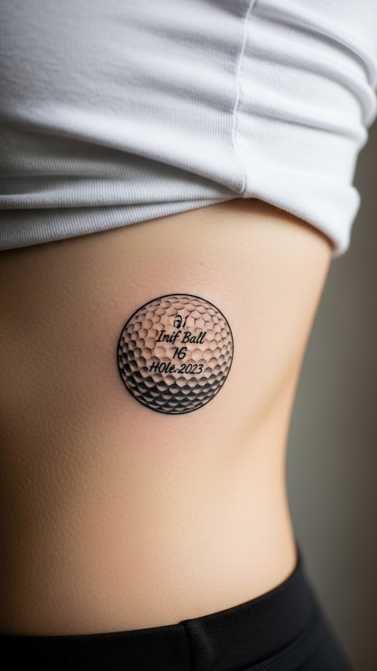 Golf Ball Tattoo With Initials And Date On Rib Cage Commemorating Personal Golf Milestone