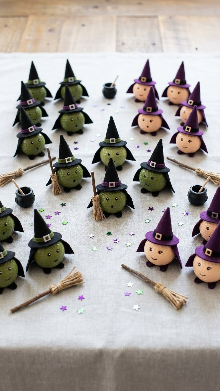 Golf Ball Halloween Crafts: 9 Unique Diy Spooky Decor Ideas Golf Ball Witches And Wizards With Hats, Capes, And Broomsticks On A Light Linen Tablecloth With Glitter.