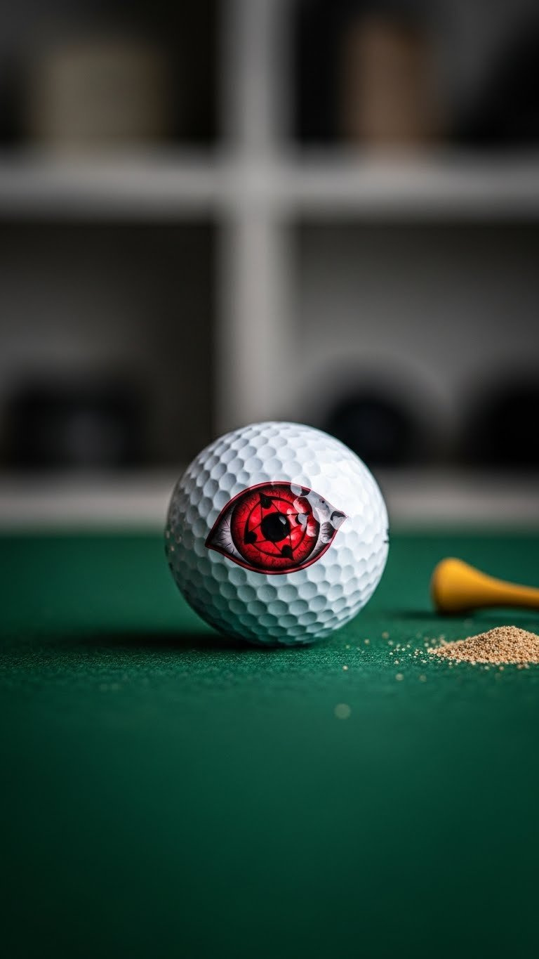 Golf Ball With Naruto Sharingan Eye Design In Red And Black Tomoe Patterns On Dark Green Felt Surface Background.