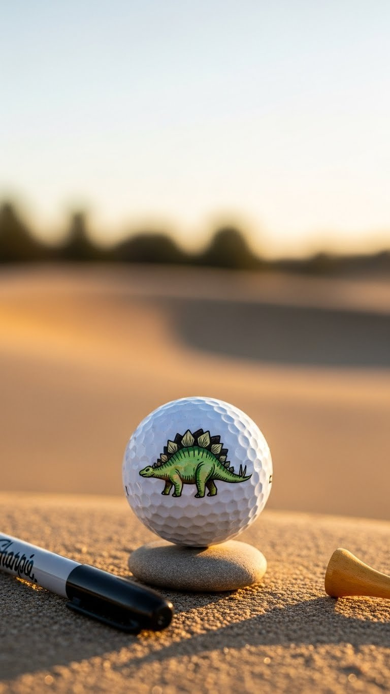 Golf Ball With Stegosaurus Silhouette Drawn In Sharpie Marker On River Stone During Golden Hour Lighting With Sandy Outdoor Background.