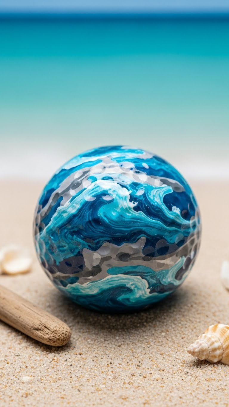 Golf Ball With Abstract Ocean Camouflage Pattern In Blues And Greens Resembling Waves On Sandy Texture