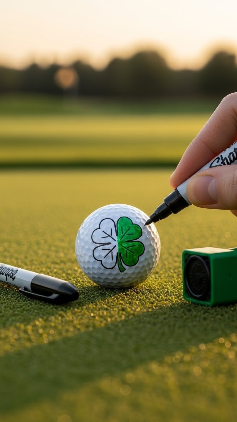 Golf Ball With Black Sharpie Outline And Green Stamped Four-Leaf Clover Leaf Showing Hybrid Design Technique On Putting Green