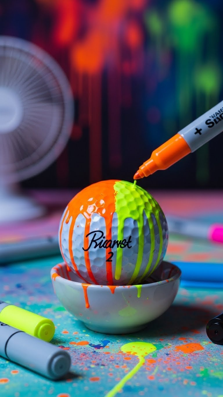 Ultimate Golf Ball Sharpie Bouquet: Easy Diy Gifts Guide Golf Ball With Chaotic Neon Sharpie Drip And Splatter Art On A White Ceramic Dish In A Blurred Art Studio Setting.