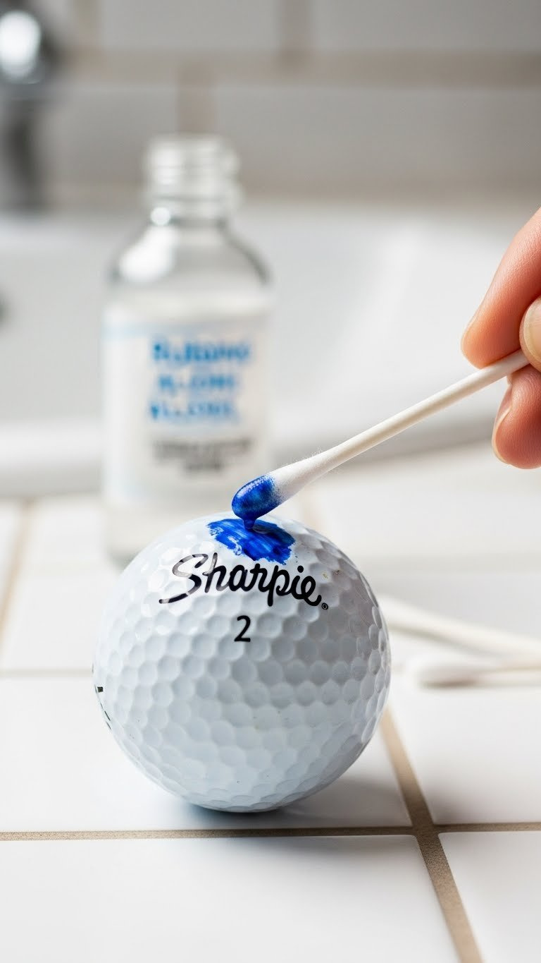 Golf Ball With Cotton Swab Removing Sharpie Ink Using Rubbing Alcohol On White Ceramic Tile Surface