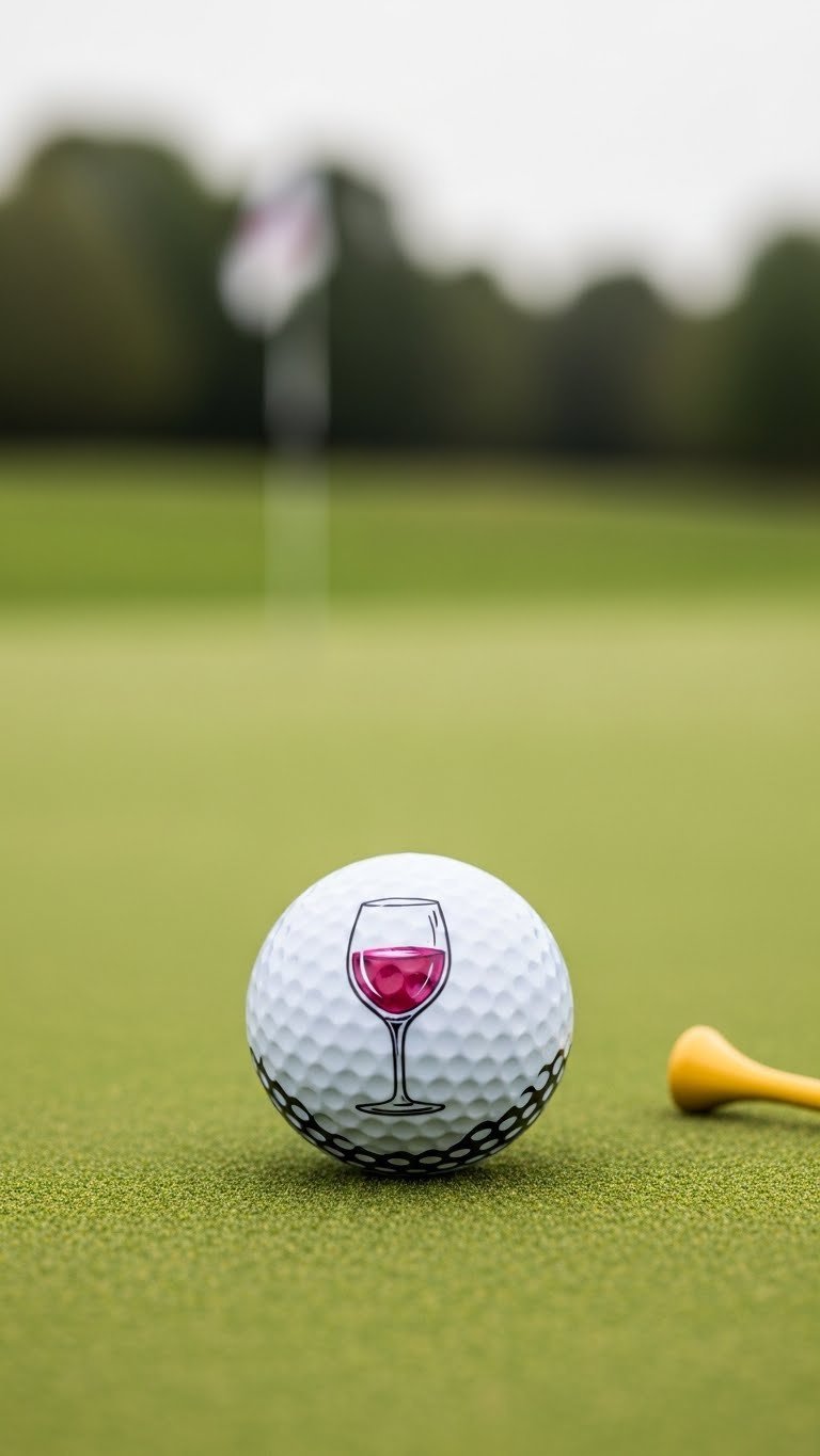 Golf Ball With Crisp Sharpie Wine Glass Outline On Green Putting Felt Against Blurred Golf Course Background