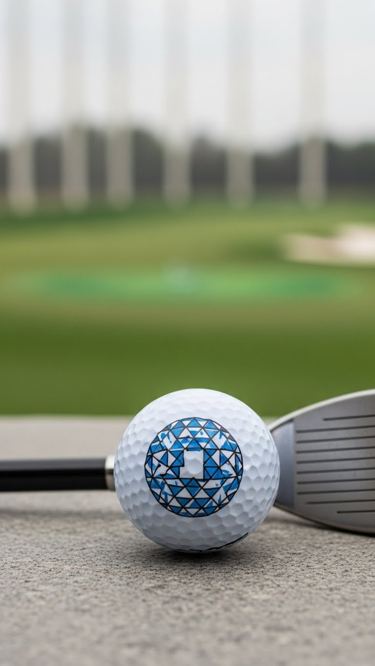 Golf Ball With Geometric Pattern In Black Sharpie Displayed On Grey Stone Surface With Soft Bokeh Driving Range Background.