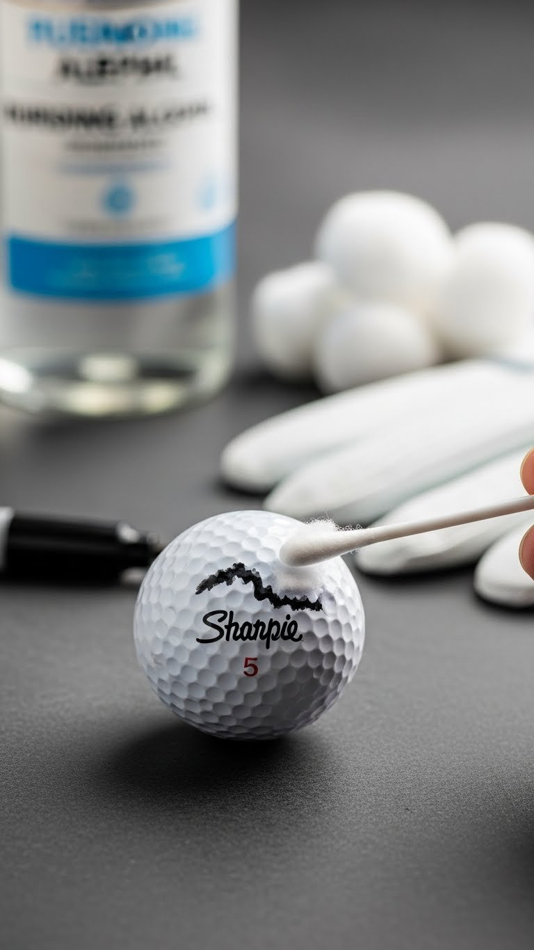 Golf Ball With Partially Removed Sharpie Mark Using Rubbing Alcohol For Golf Ball Cleaning And Correction Process