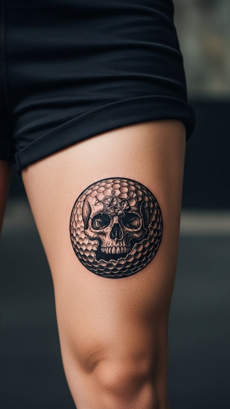 Golf Ball With Skull Tattoo On Thigh Featuring Intricate Skull Design Integrated Within Golf Ball Structure