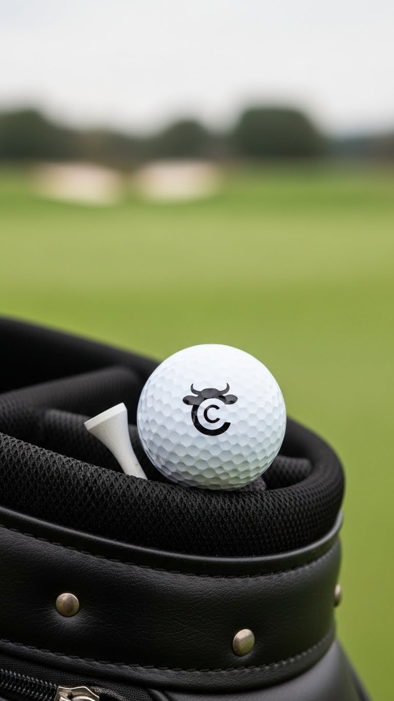 Golf Ball With Stylized Cow Brand Logo Featuring Minimalist Cow Silhouette On Black Leather Golf Bag Pocket