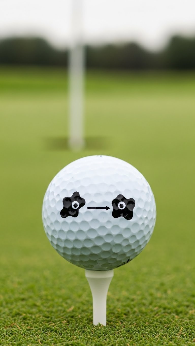 Golf Ball With Two Black Cow Spots Forming Alignment Aid On White Tee Against Blurred Putting Green With Golf Hole Background