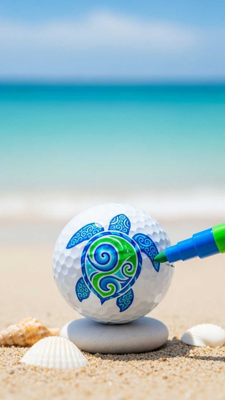 7 Genius Sharpie Turtle Golf Ball Designs: Diy Guide Golf Ball With Vibrant Hawaiian Honu Sea Turtle Motif In Ocean Blue And Green Sharpie Colors On Sandy Background
