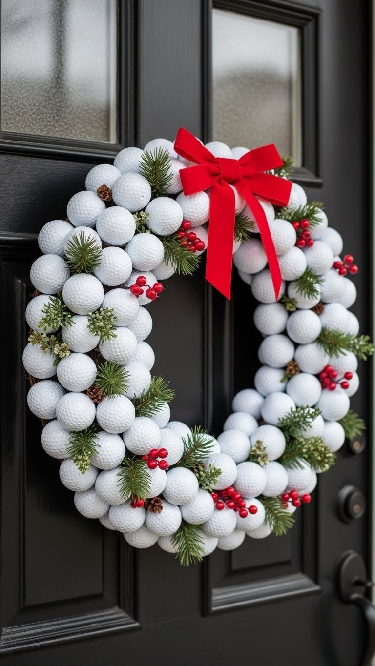 Golf Ball Wreath Decorated With Red Berries And Pine Sprigs Hanging On Dark Wooden Front Door