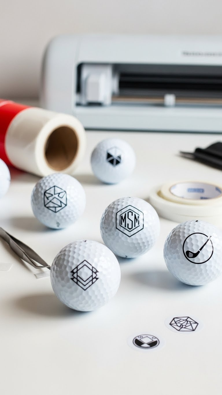 Golf Balls Adorned With Smooth Vinyl Decals Featuring Geometric Designs And Monograms On Crafting Workstation