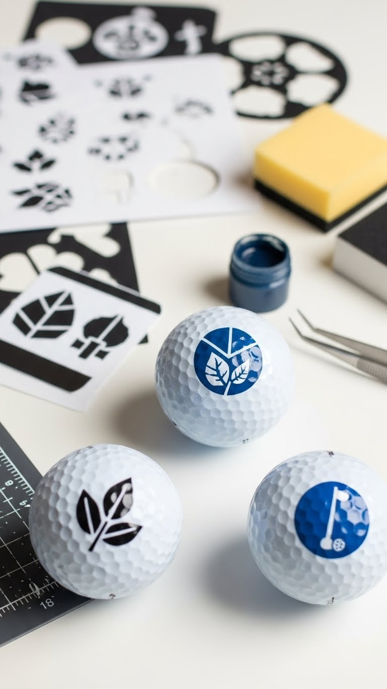 Golf Balls Featuring Crisp Stenciled Patterns Including Leaves And Geometric Shapes With Vinyl Stencils Visible In Background