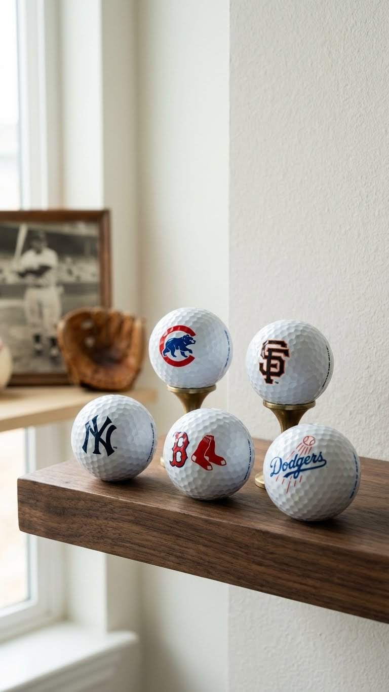 Golf Ball Crafts Baseball: Easy Diy Ideas For Art &Amp; Gifts Golf Balls Meticulously Painted With Classic Baseball Team Logos, Artfully Displayed On A Sleek Dark Wooden Stand With Memorabilia.