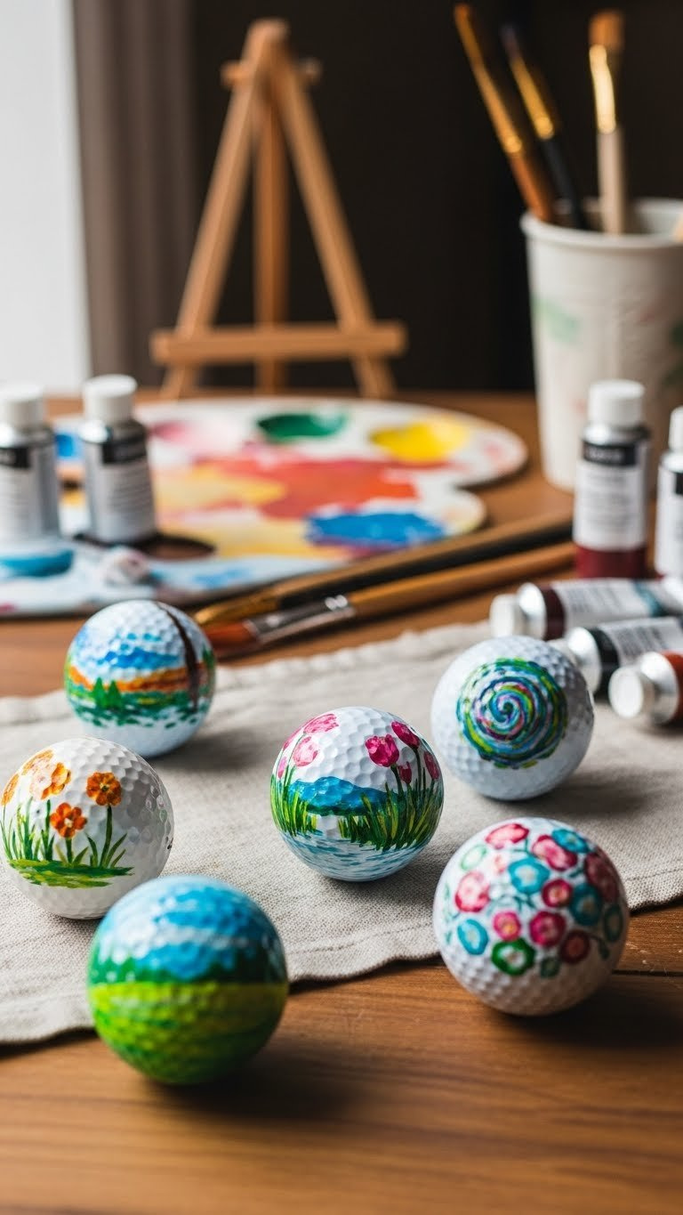Golf Balls Meticulously Painted With Vibrant Acrylic Designs Including Miniature Landscapes And Floral Patterns On Rustic Wooden Table