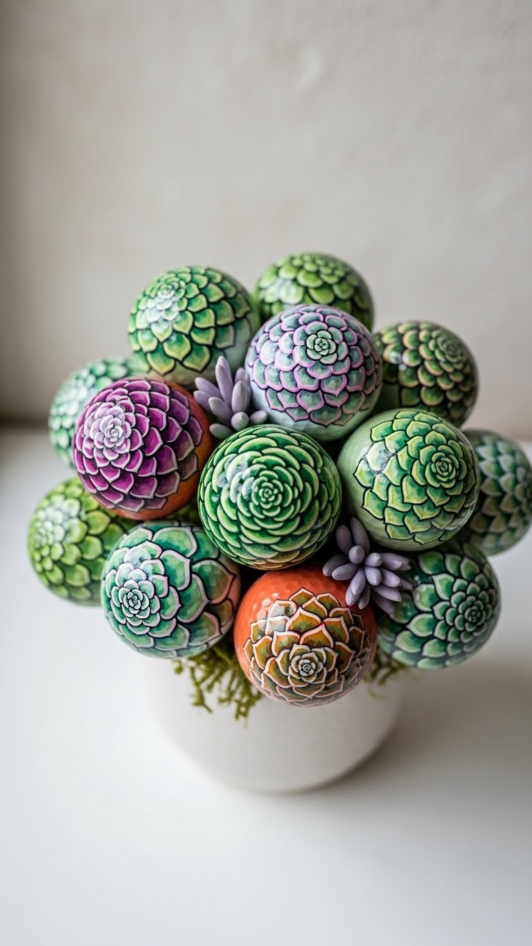 Painted Golf Ball Bouquet: 7 Unique Diy Gift Ideas Golf Balls Painted As Green &Amp; Purple Succulents In A Minimalist Ceramic Planter With Pebbles. Soft Natural Window Light.