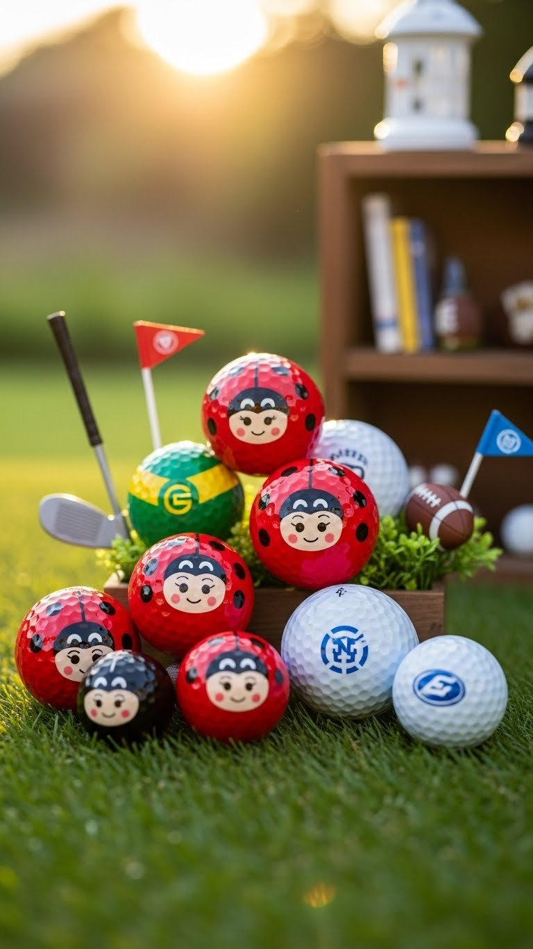 Golf Balls Transformed Into Themed Characters Including Ladybugs And Sports Team Colors Displayed On Artificial Grass