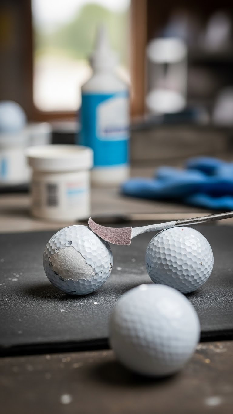 Golf Balls Undergoing Paint Removal With Sandpaper And Chemical Strippers On Workbench