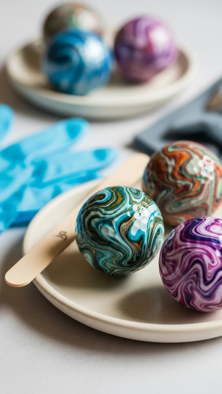 Golf Balls With Mesmerizing Hydro-Dipped Swirl Patterns In Sophisticated Color Palettes Displayed On Ceramic Dish
