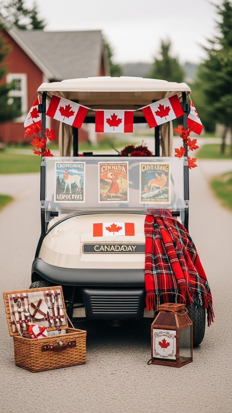 Golf Cart Adorned With Antique-Style Canadian Flags, Vintage Travel Posters, And Rustic Wooden Elements On Paved Road