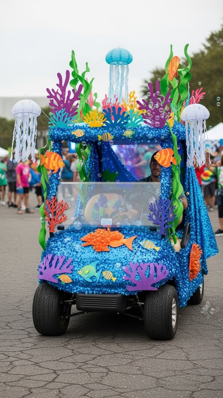 Golf Cart Adorned With Colorful Coral, Seaweed, And Marine Life Cutouts Illuminated By Blue-Green Lighting At Festive Parade