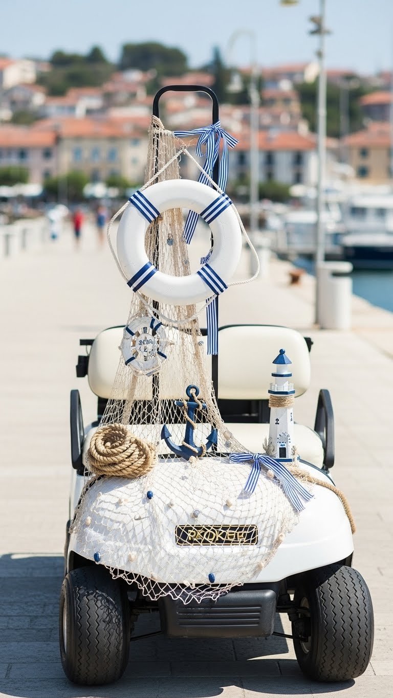 Golf Cart Adorned With Nautical Accents Including Life Ring Buoy And Decorative Anchor On Coastal Promenade