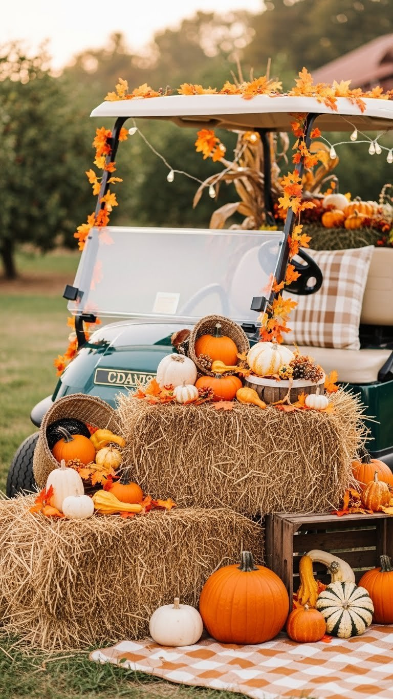 Golf Cart Adorned With Overflowing Cornucopia, Hay Bales, Pumpkins, And Autumn Leaves In Golden Hour Light.