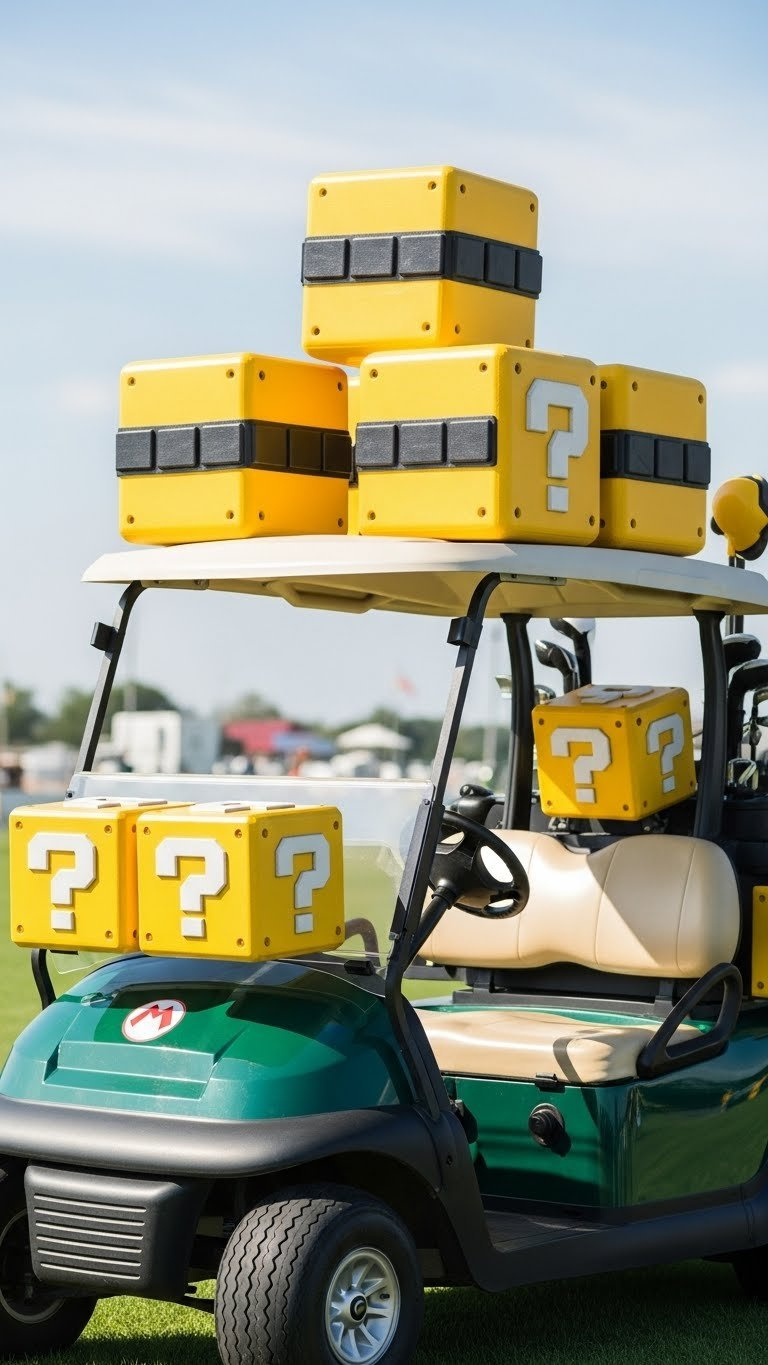 Golf Cart Adorned With Oversized Yellow Mario Kart Item Boxes Featuring Black Question Marks On Grassy Field With Dynamic 45-Degree Angle Composition