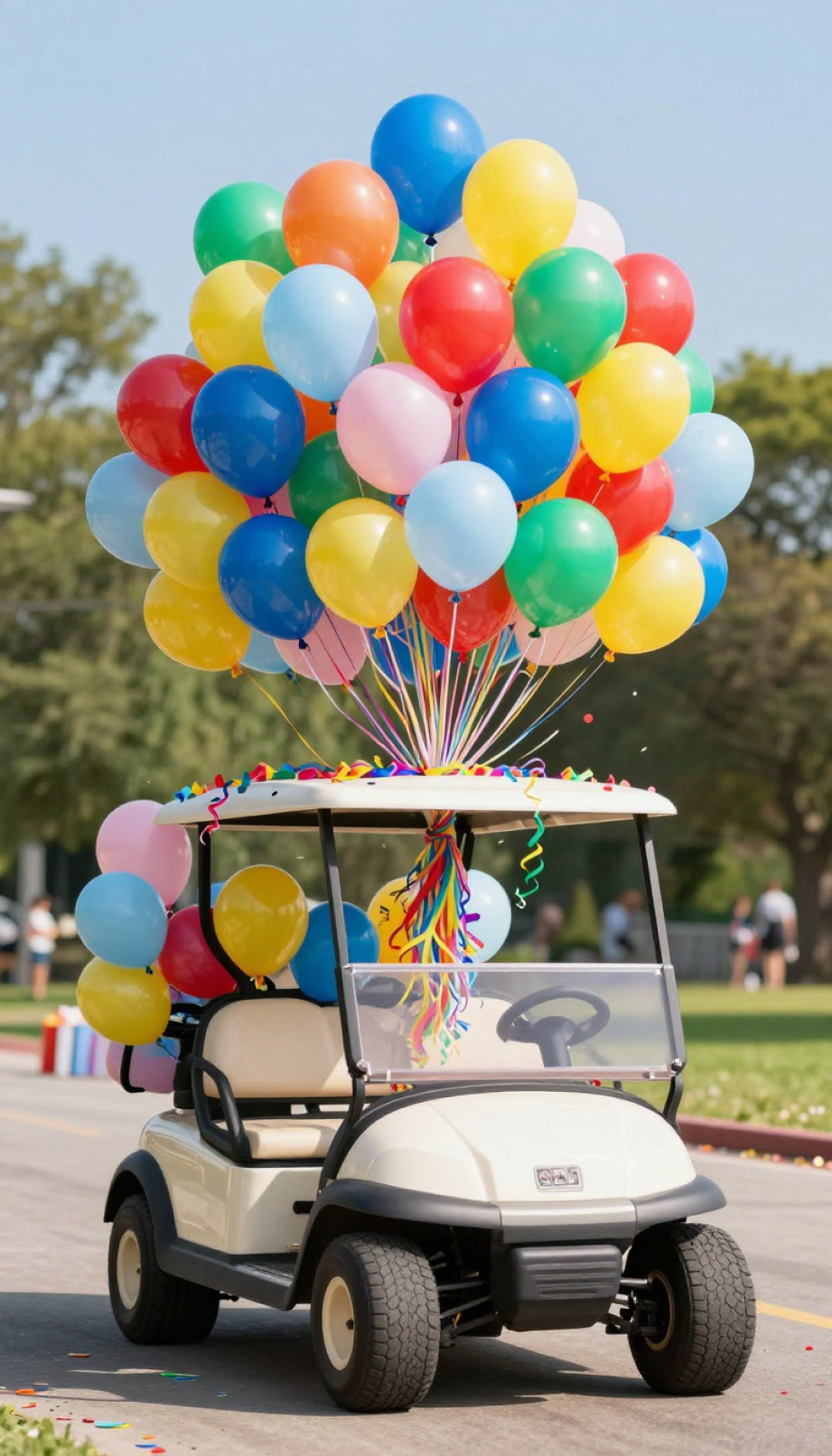 Golf Cart Adorned With Personalized Banners And Custom Signs Featuring Decorative Birthday Motifs In Soft Pastel Colors.