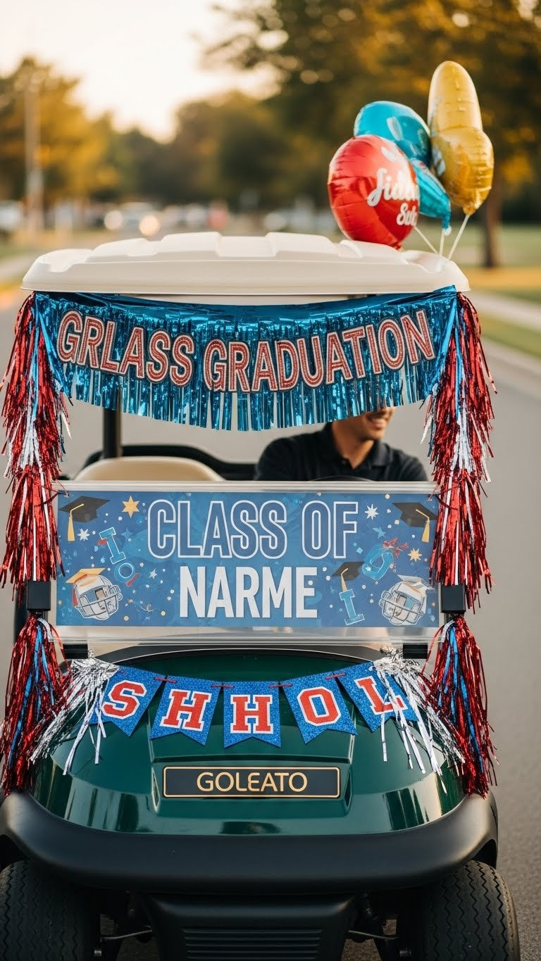 Golf Cart Adorned With Personalized Graduation Banners And Vibrant School Color Streamers Draped Across Front Cowl