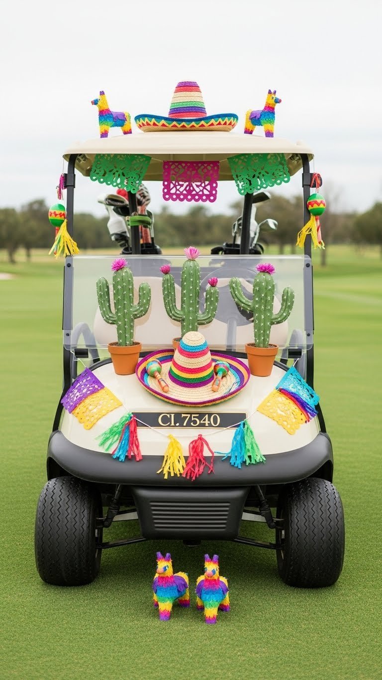 Golf Cart Adorned With Playful Fake Cacti, Colorful Maracas, And Banners Creating Desert Fiesta Atmosphere