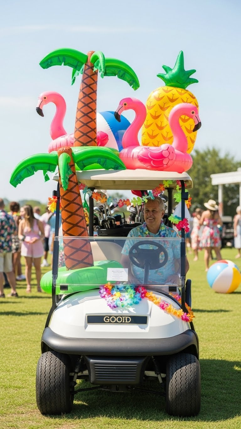 Golf Cart Adorned With Playful Inflatable Palm Trees And Flamingos Adding Whimsical Luau Touch