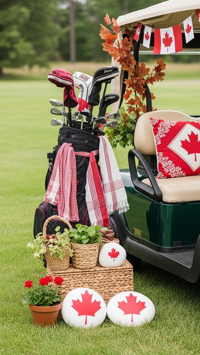 Golf Cart Adorned With Real Maple Branches, Repurposed Fabrics, And Natural Wooden Elements On Grassy Lawn