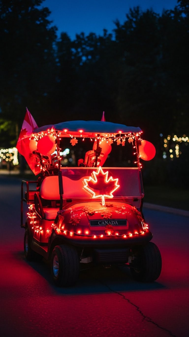 Golf Cart Adorned With Red And White Led String Lights And Glowing Maple Leaf Design For Canada Day Night Parade