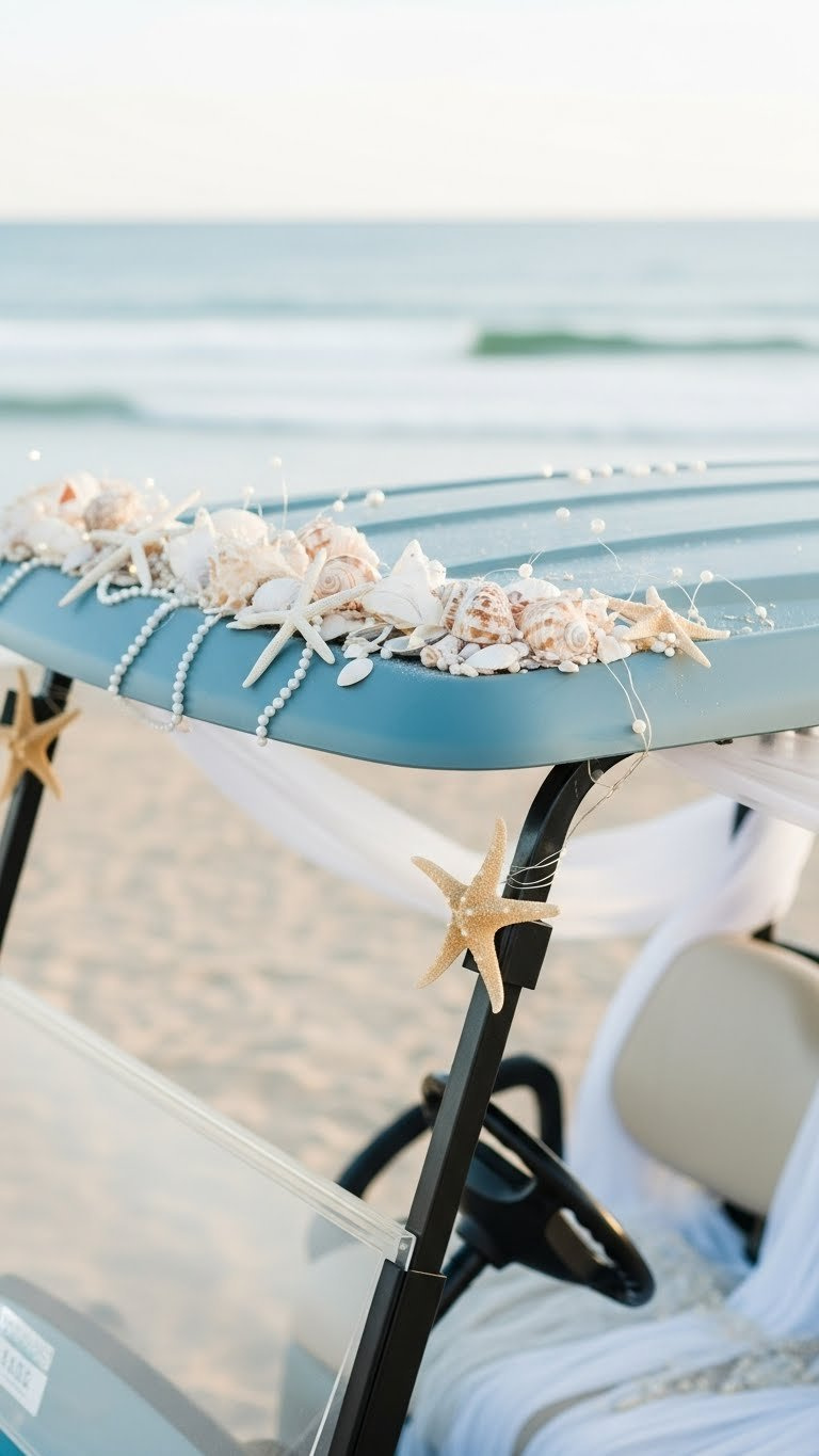 Golf Cart Adorned With Seashells And Starfish Accents Against Ocean Backdrop