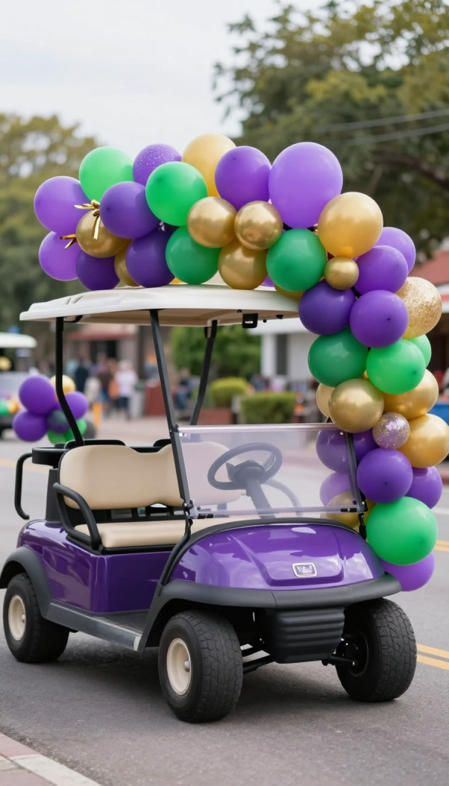 Golf Cart Adorned With Vibrant Purple, Green, And Gold Balloon Arch Creating Festive Parade-Ready Decoration.