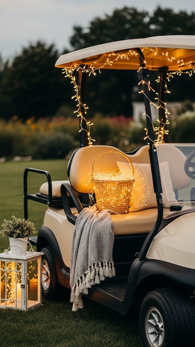 Golf Cart Adorned With Warm White Fairy Lights Woven Around Roof Supports On Grassy Lawn