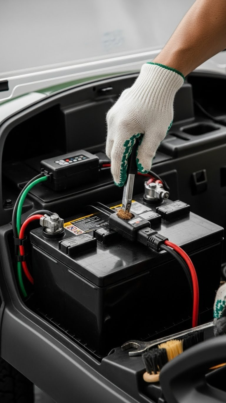 Golf Cart Battery Compartment Maintenance With Battery Terminals Being Cleaned