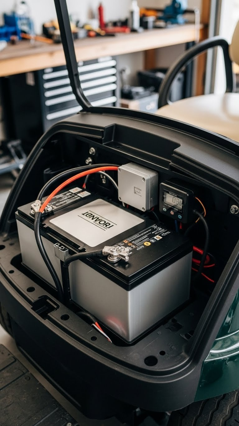 Golf Cart Battery Compartment Showcasing Sleek Lithium Ion Battery Pack Installation In Workshop