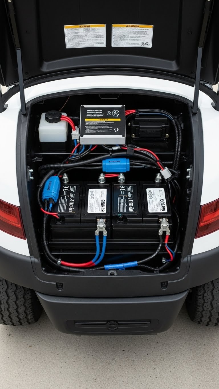 Golf Cart Battery Compartment With Modern Lithium Batteries Neatly Arranged And Professionally Installed Wiring.